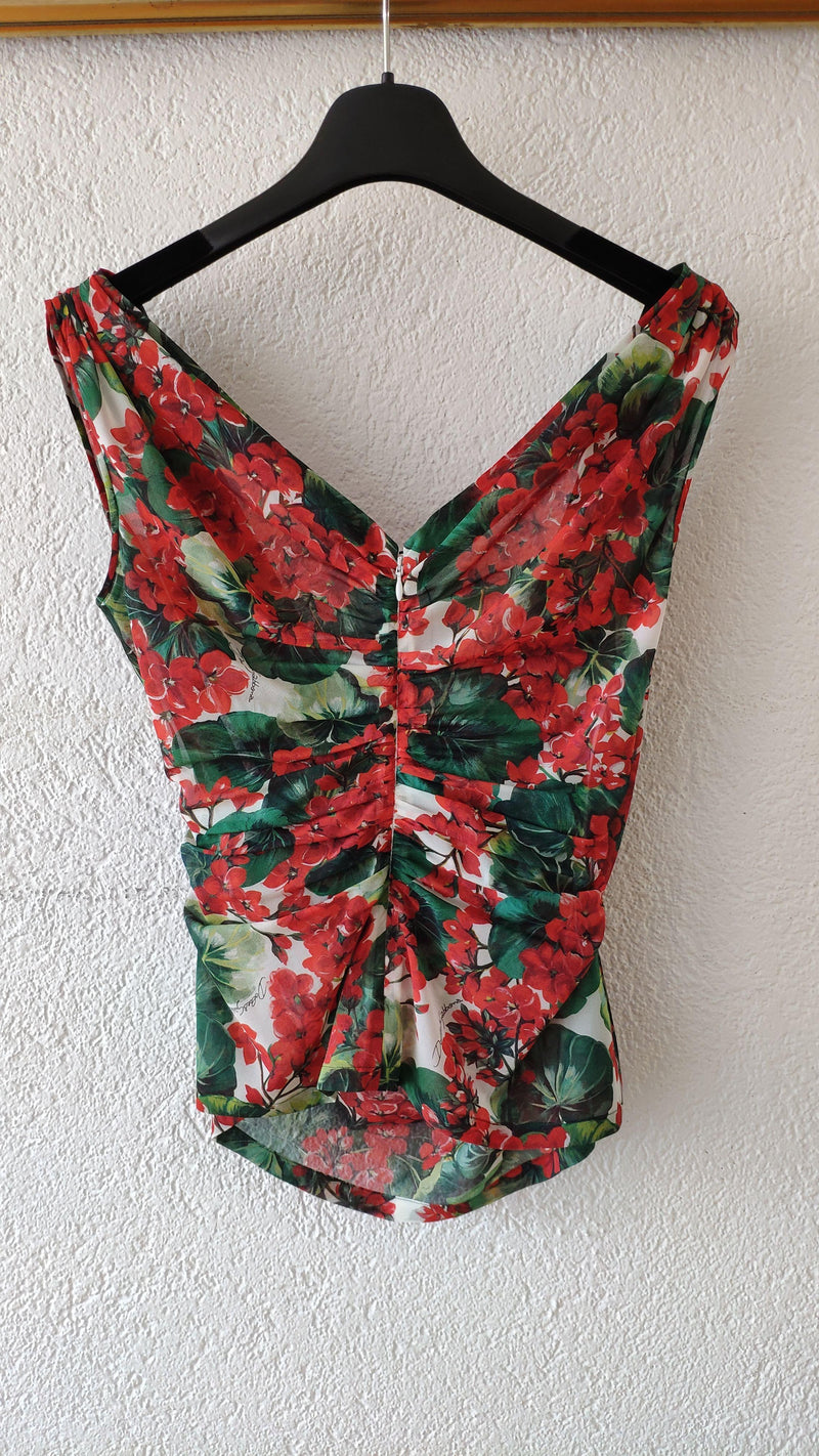 Red Geranium Printed Draped Chiffon Top
