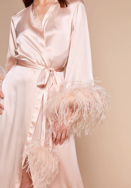 Gilda and Pearl Pink Camille Feather Trim Silk Robe