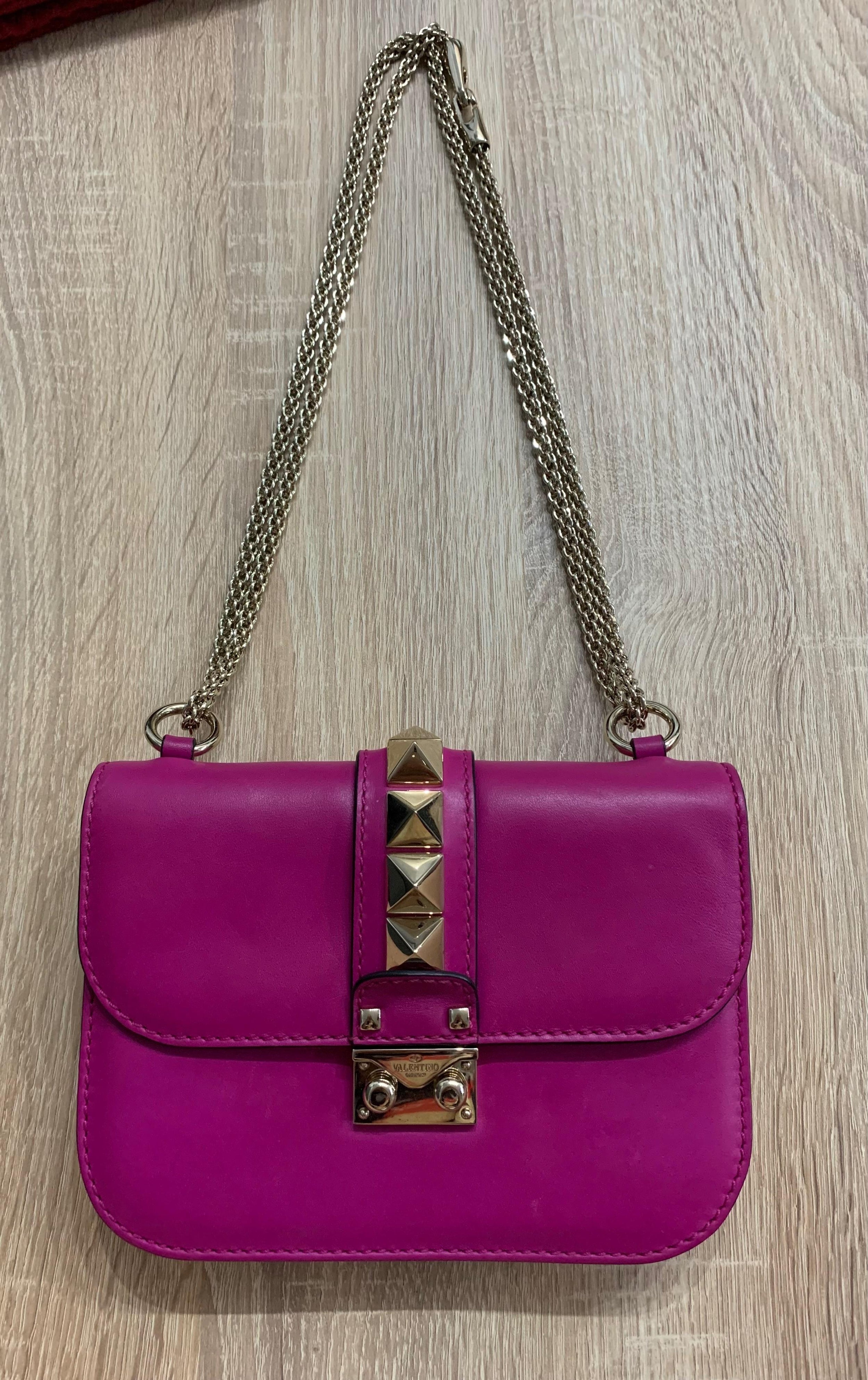 Fuschia Glam Lock Studded Shoulder Bag