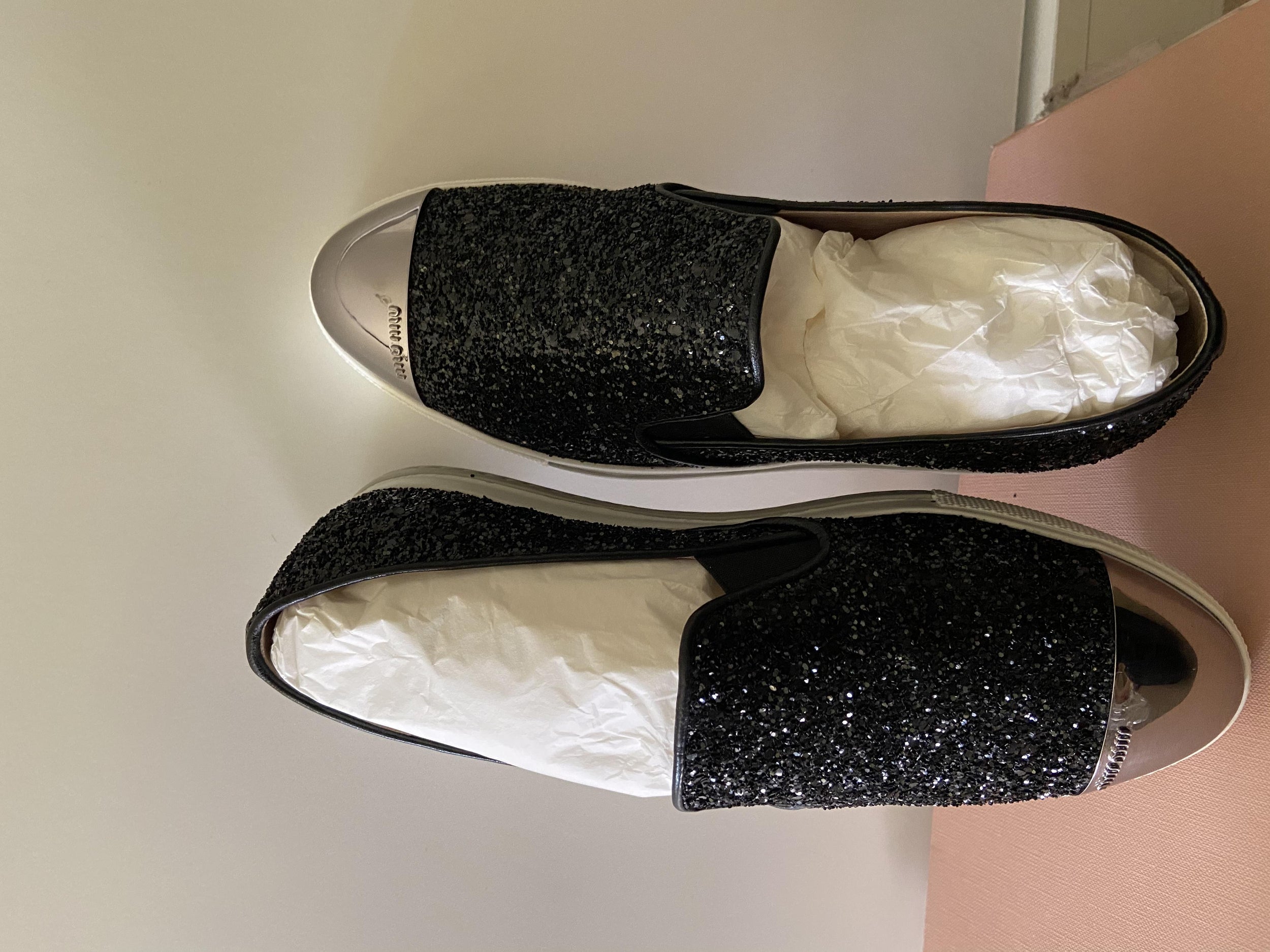 Miu Miu Black Glitter Slip-On Sneakers