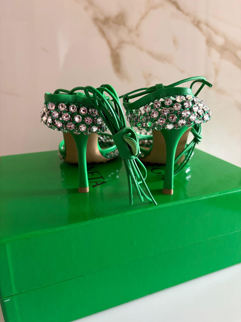 Bottega Veneta Green Sparkle Stretch Crystal Heels