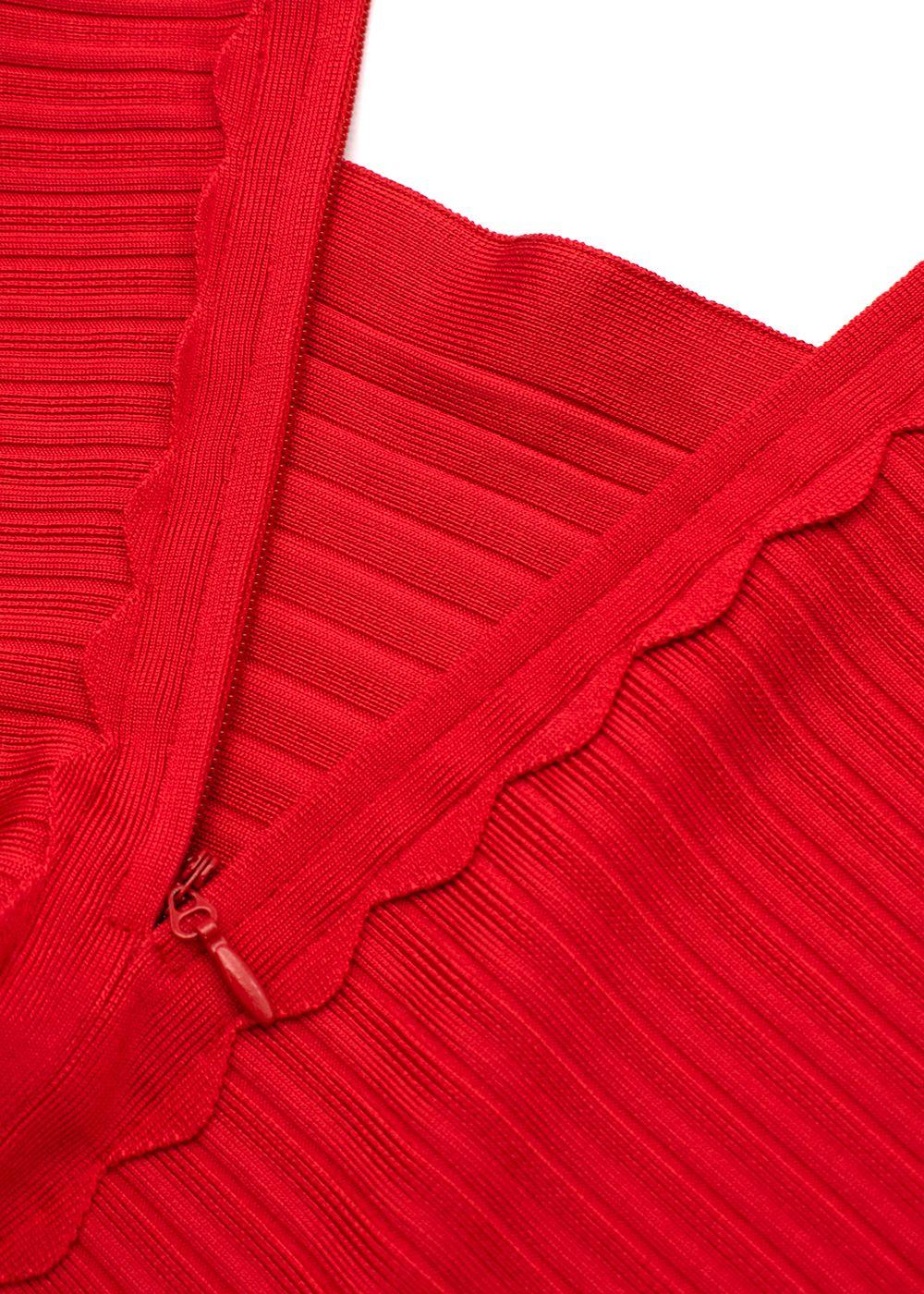 Red Stretch Knit Bandage Skirt with Scalloped Hem