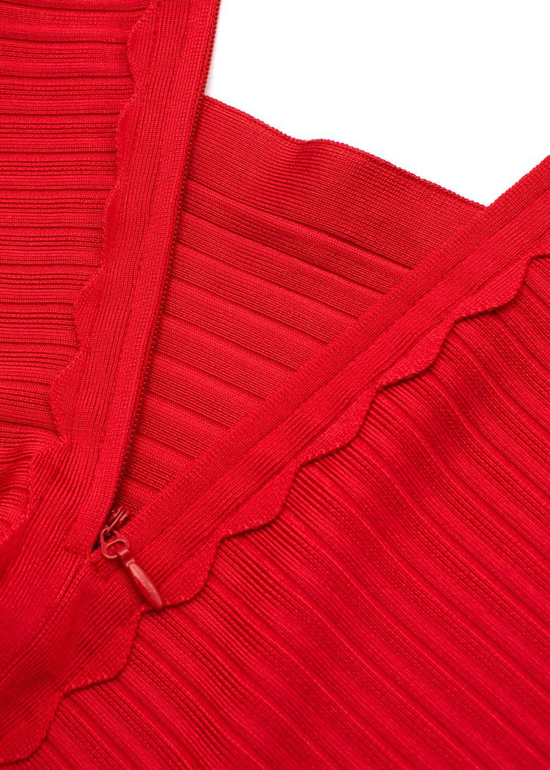 Red Stretch Knit Bandage Skirt with Scalloped Hem