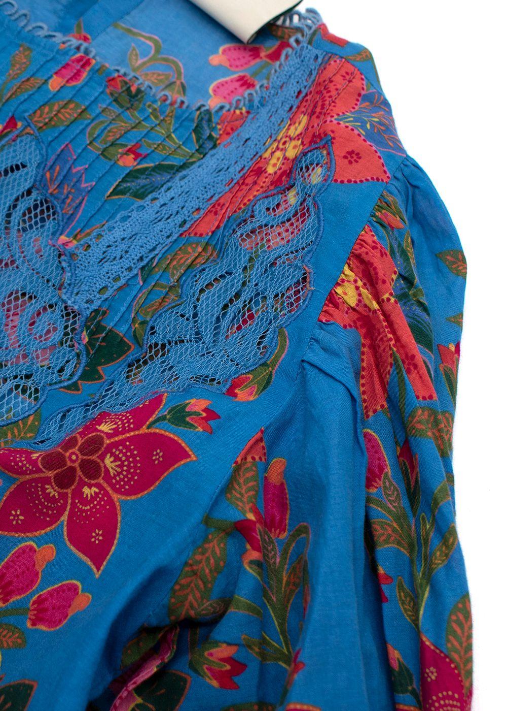 Farm Rio Blue Printed Lace Detail Blouse