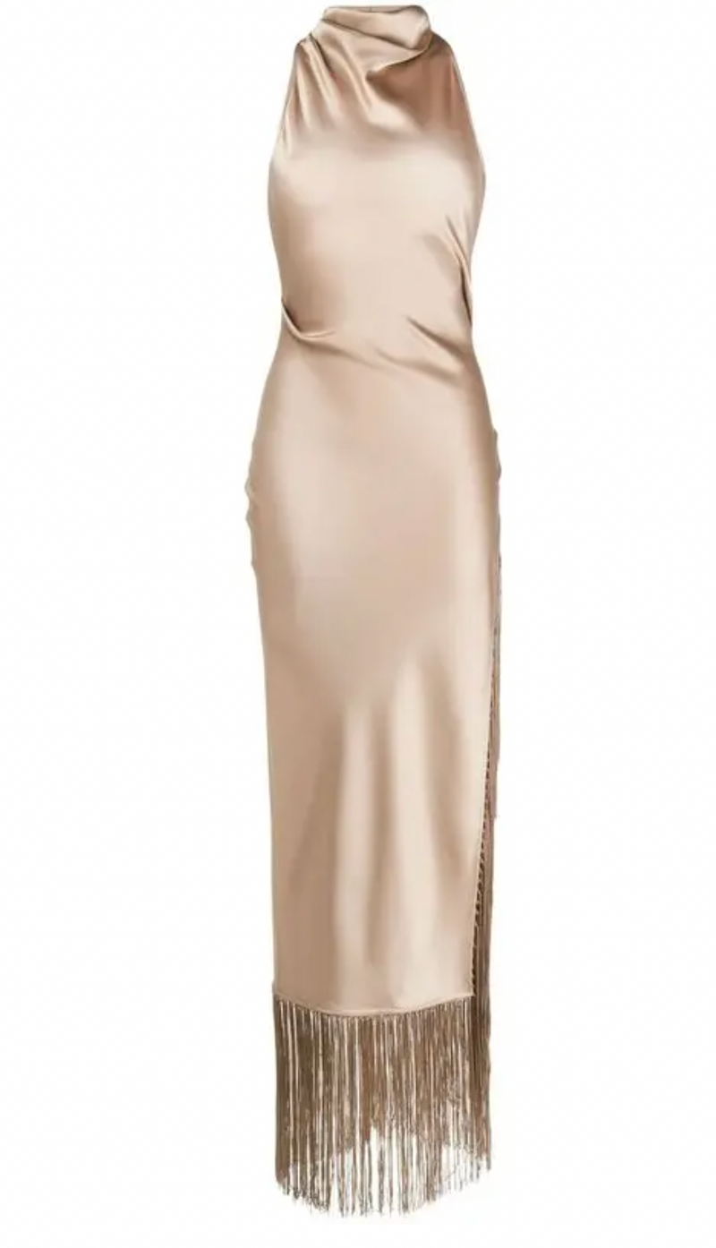 Nanushka Champagne Satin Midi Dress with Fringing