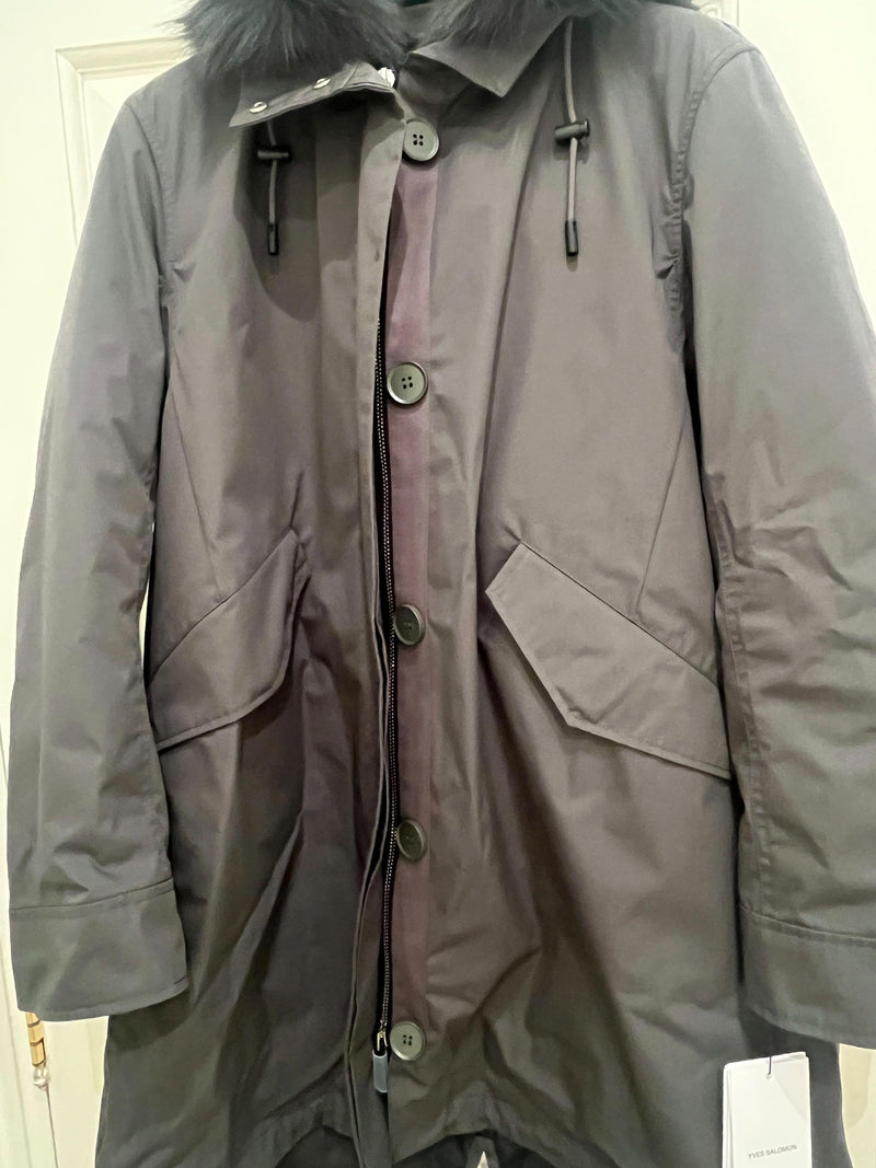 Yves Salomon Grey Fur Lined Fox Trim Hooded Parka