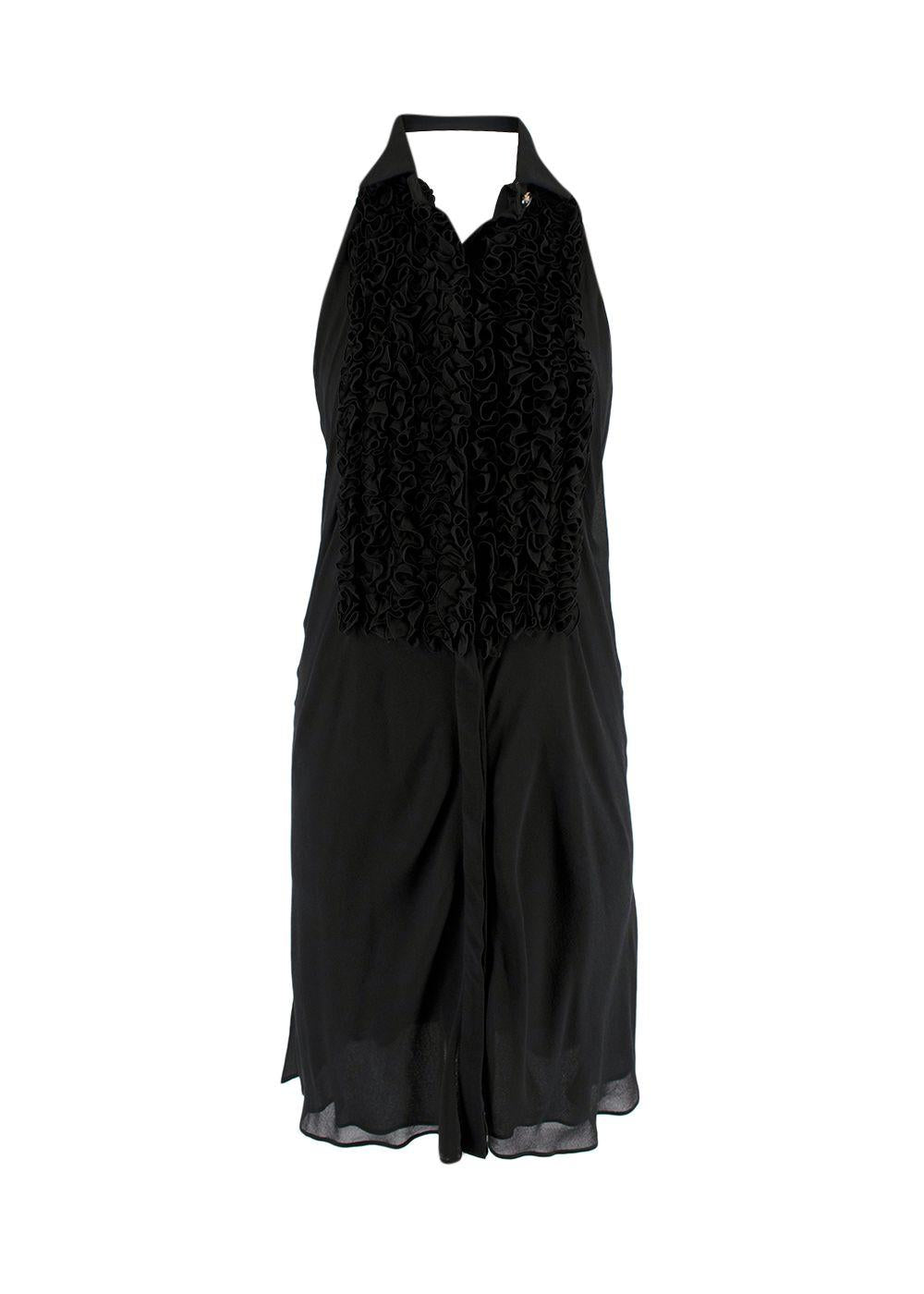 Black Ruffled Bib Silk Halterneck Dress
