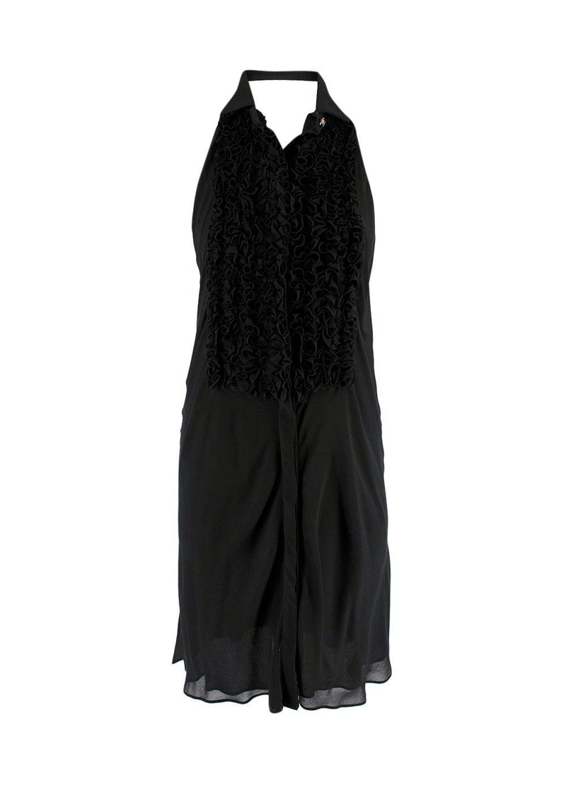 Black Ruffled Bib Silk Halterneck Dress