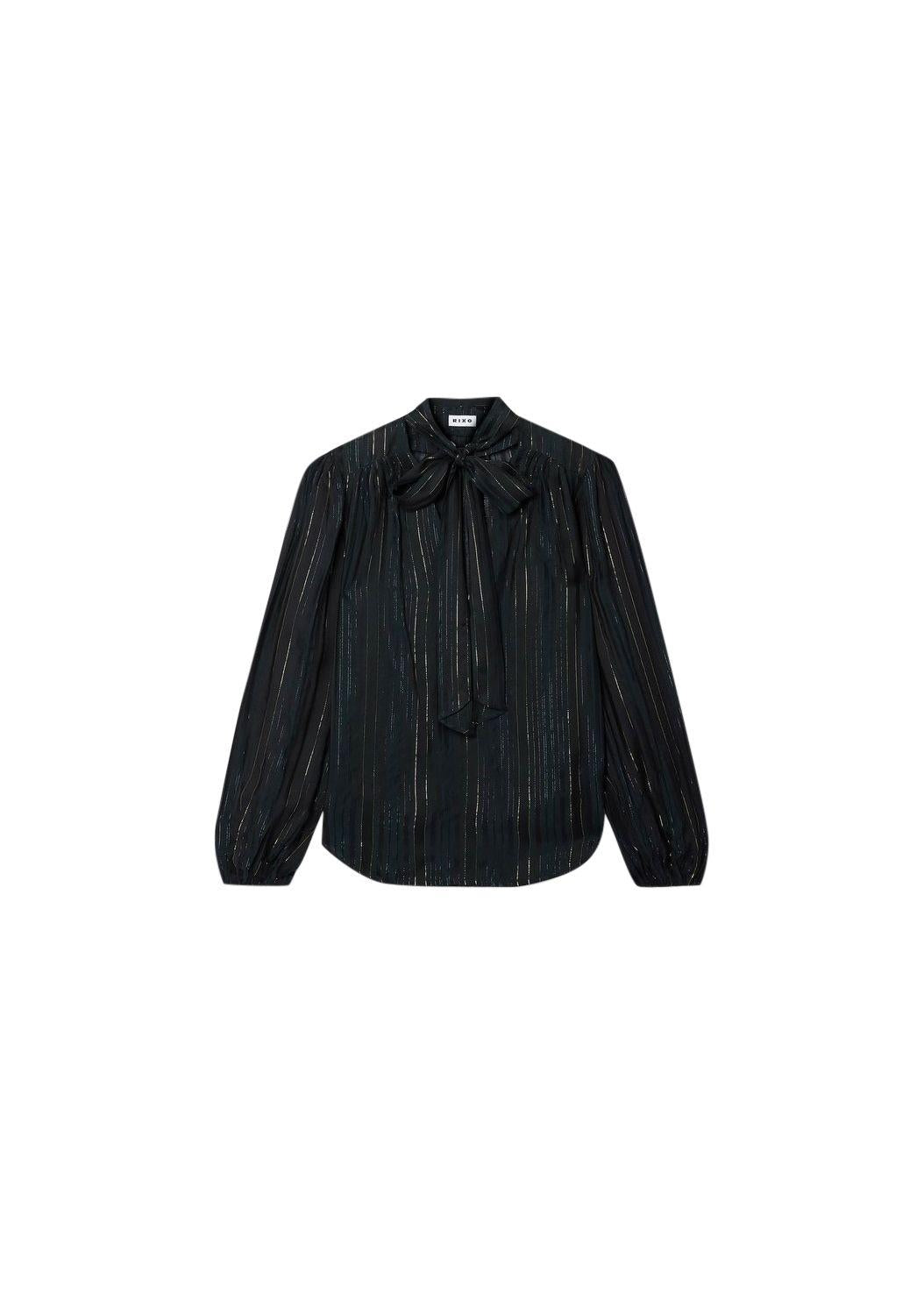 Black Lurex Pussy Bow Blouse