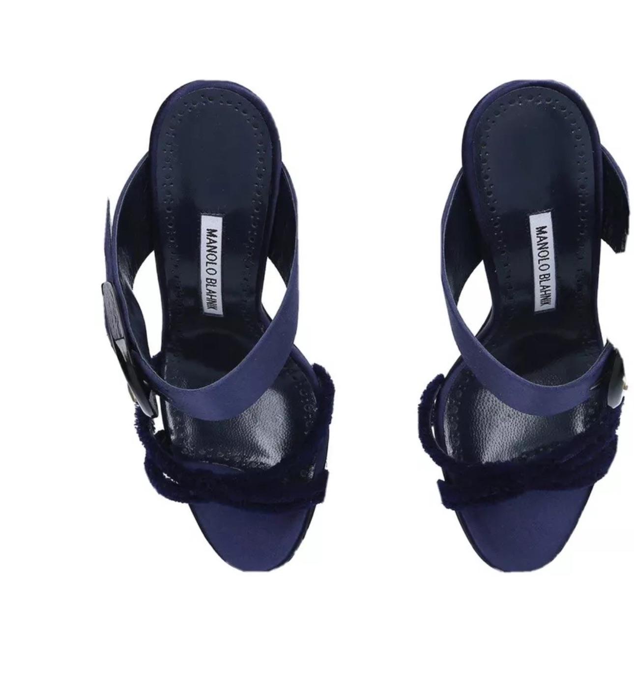 Manolo Blahnik Navy Guey Open Toe Mules