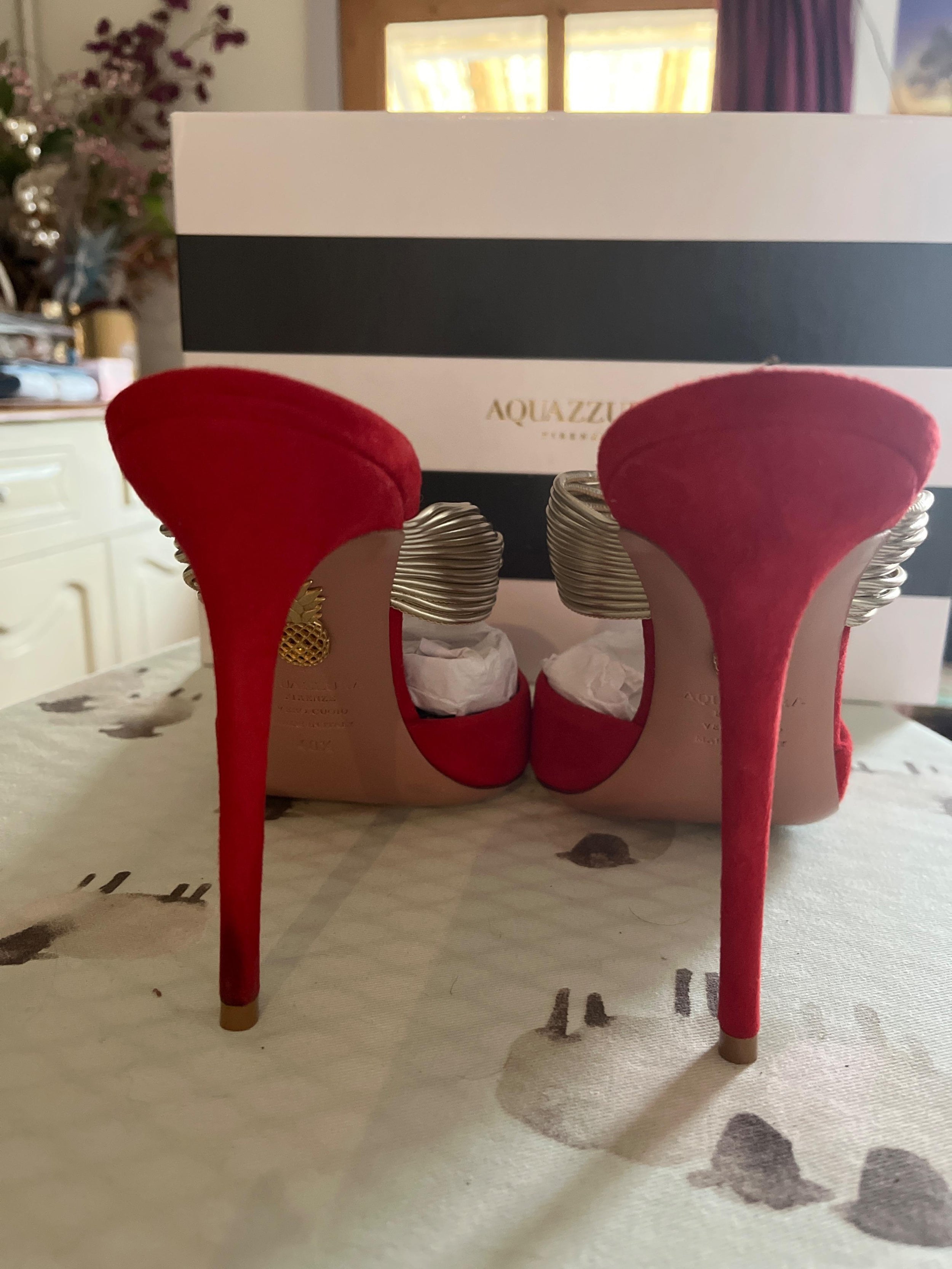 Aquazurra Red and Gold Suede Heels