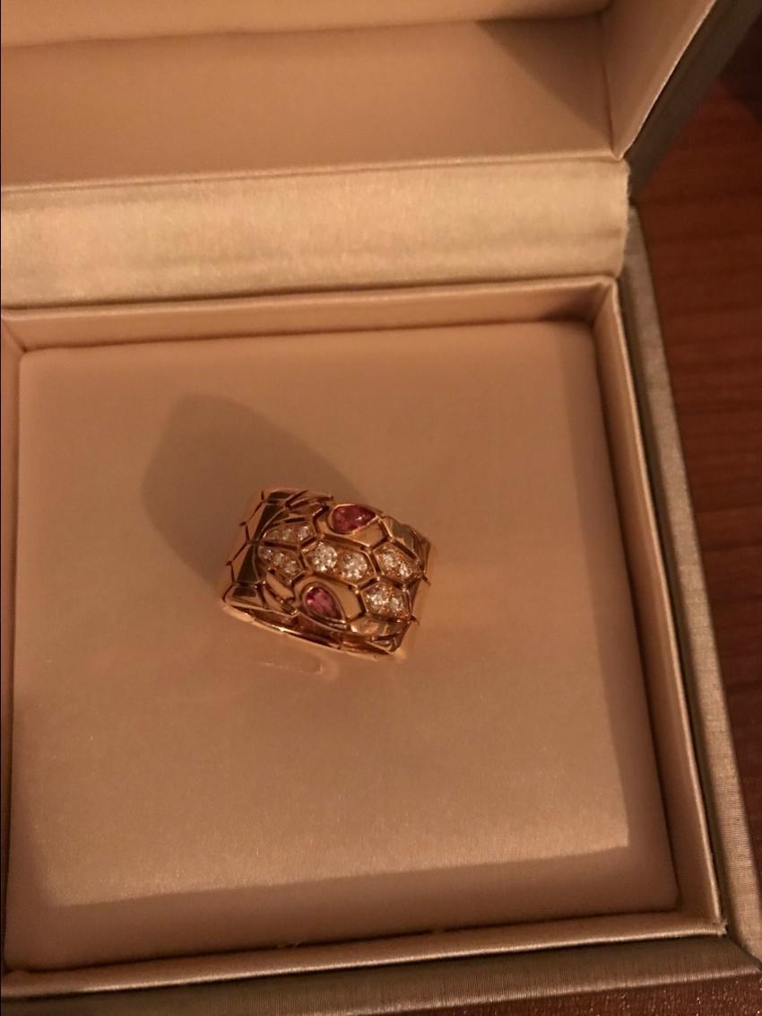 Bvlgari Serpenti diamond & rubellite 18k Rose Gold Ring - Size 53
