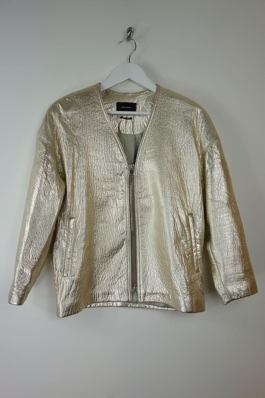 Metallic gold leather collarless jacket