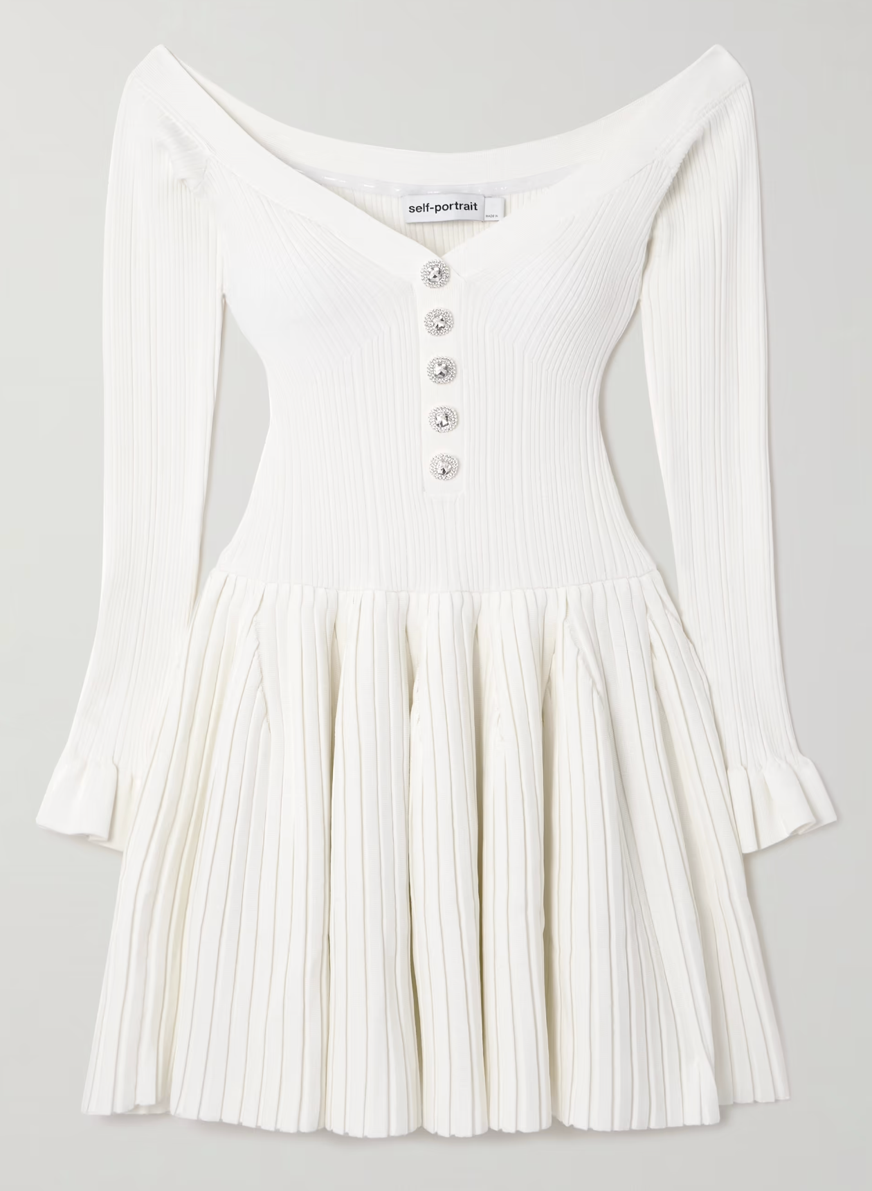 Self-Portrait Off-The-Shoulder Pleated Ribbed-Knit Mini Dress