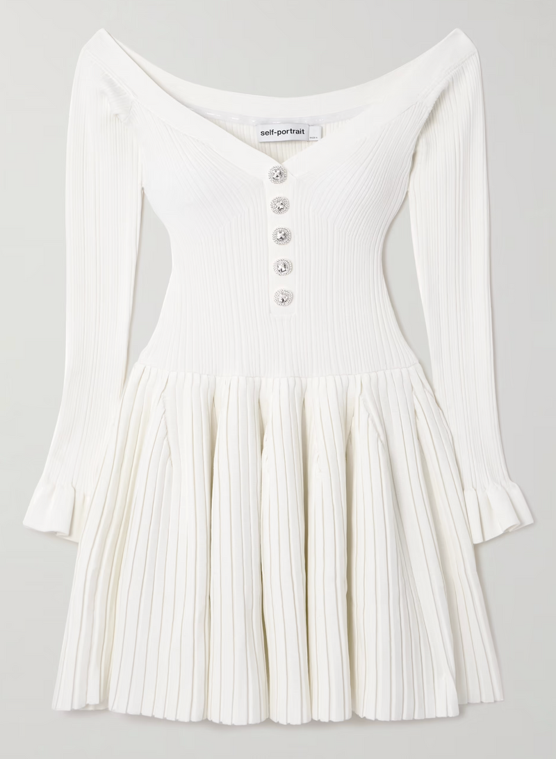 Self-Portrait Off-The-Shoulder Pleated Ribbed-Knit Mini Dress
