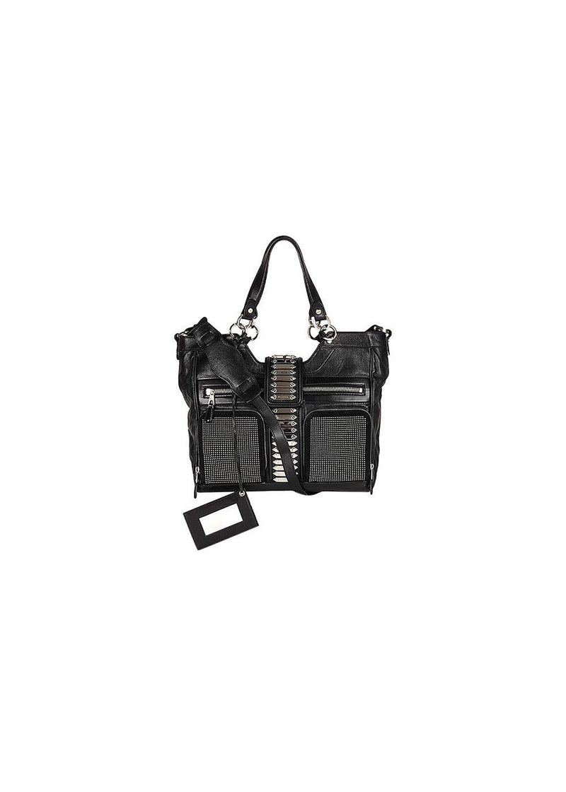 Black leather silver-tone studded tote bag