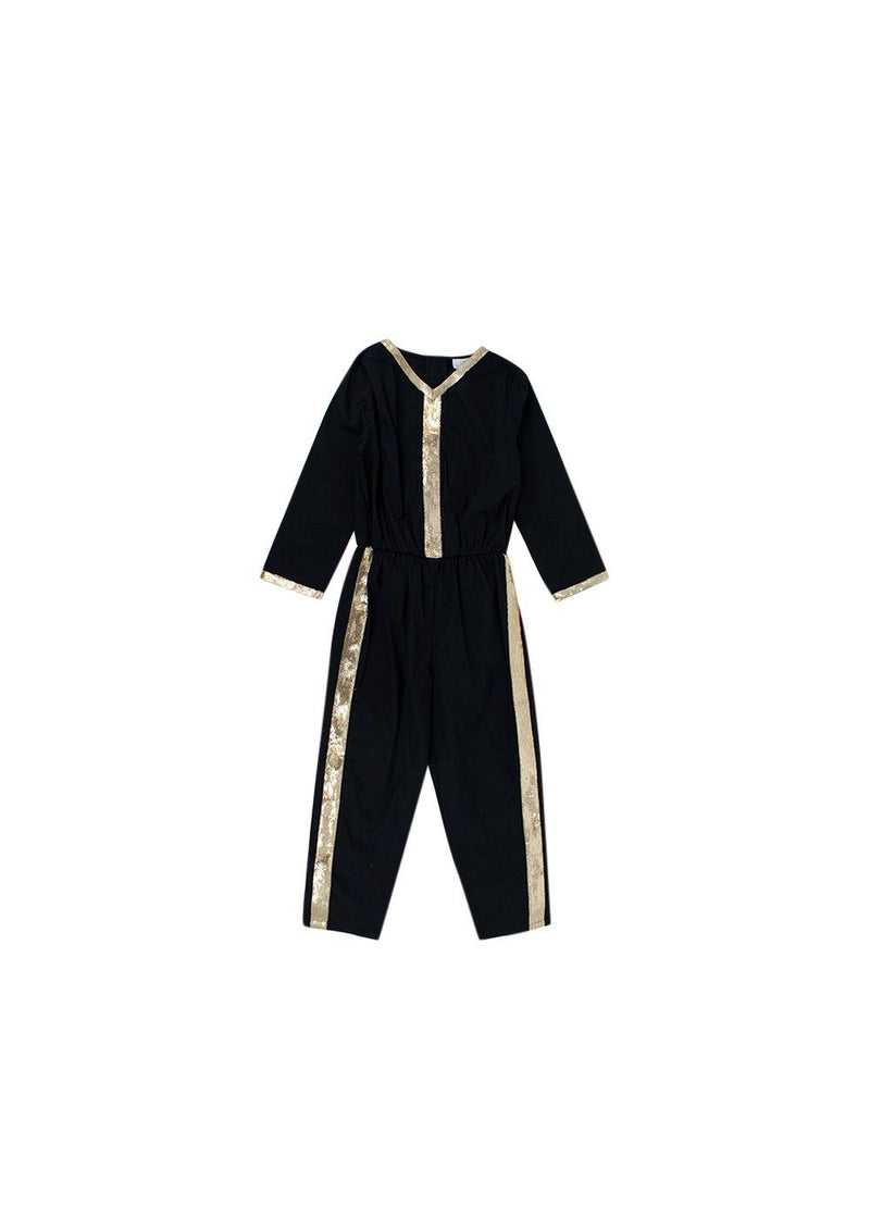 black cotton gold sequin trimmed jumpsuit 4-5Y