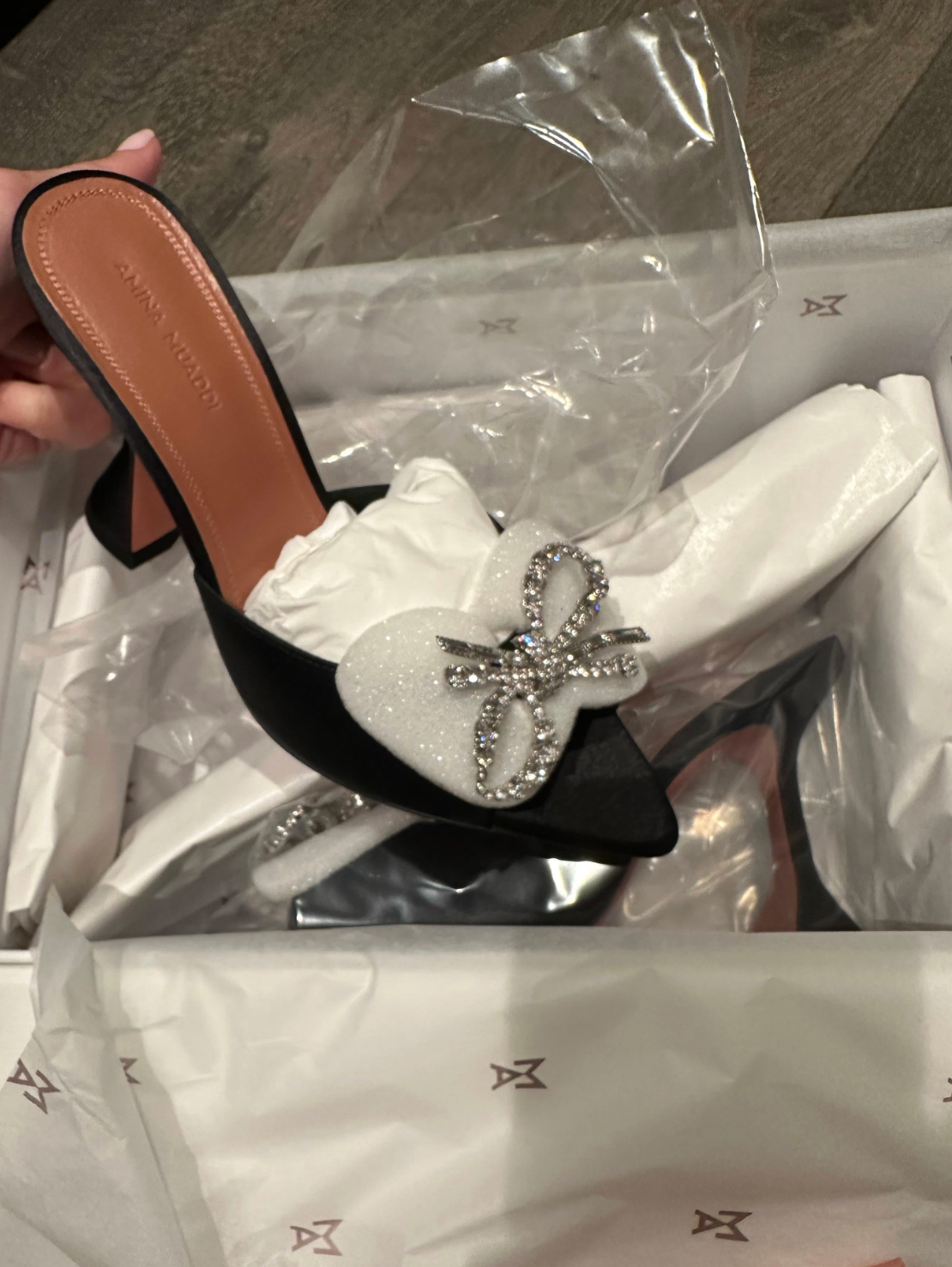 Amina Muaddi Black Satin Embellished Mules