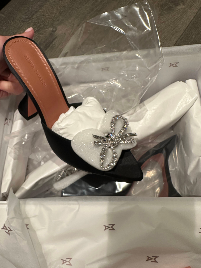 Amina Muaddi Black Satin Embellished Mules