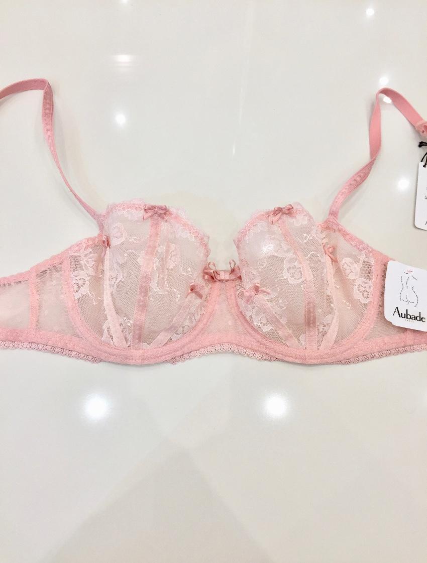 Aubade Paris Sugar Pink Leavers Lace Half Cup Bra & Tanga Set