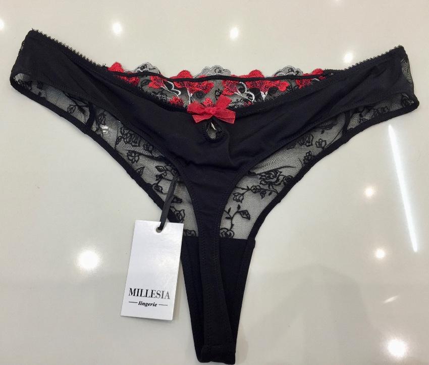 Millesia Embroidered Flowers Red & Black Padded Bra & Thong Set