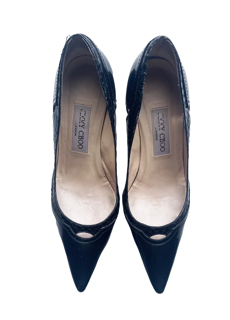 Black patent & snakeskin heeled pumps