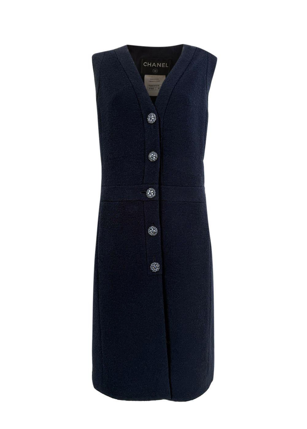Chanel Navy Boucle Tweed Midi Dress  with Gripoix Jewel Buttons