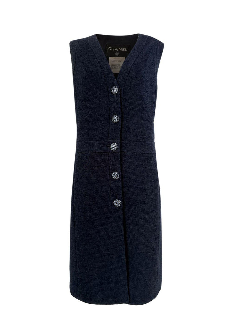 Chanel Navy Boucle Tweed Midi Dress  with Gripoix Jewel Buttons