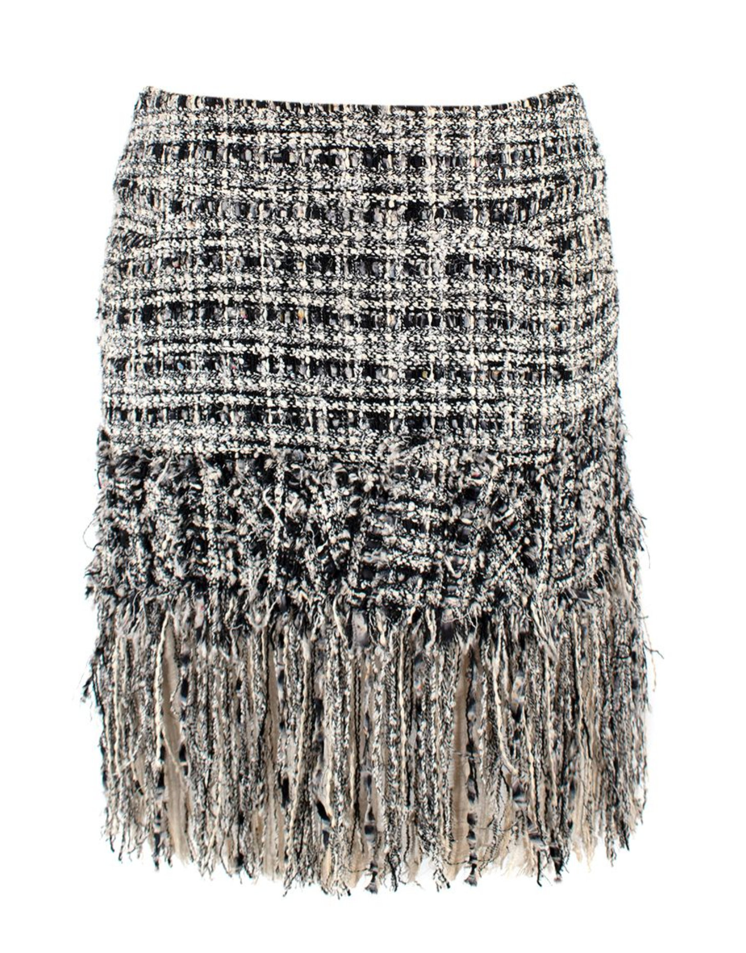 Chanel Black and White Tweed Mini Skirt with Fringe Hem