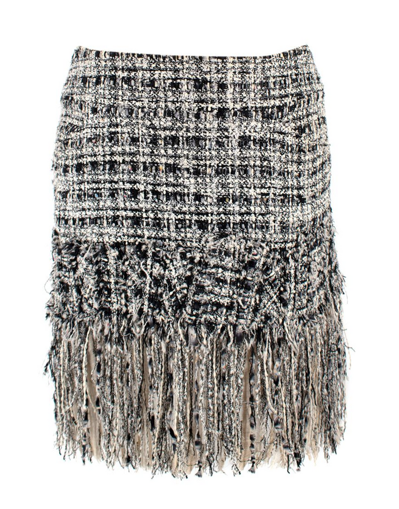 Chanel Black and White Tweed Mini Skirt with Fringe Hem