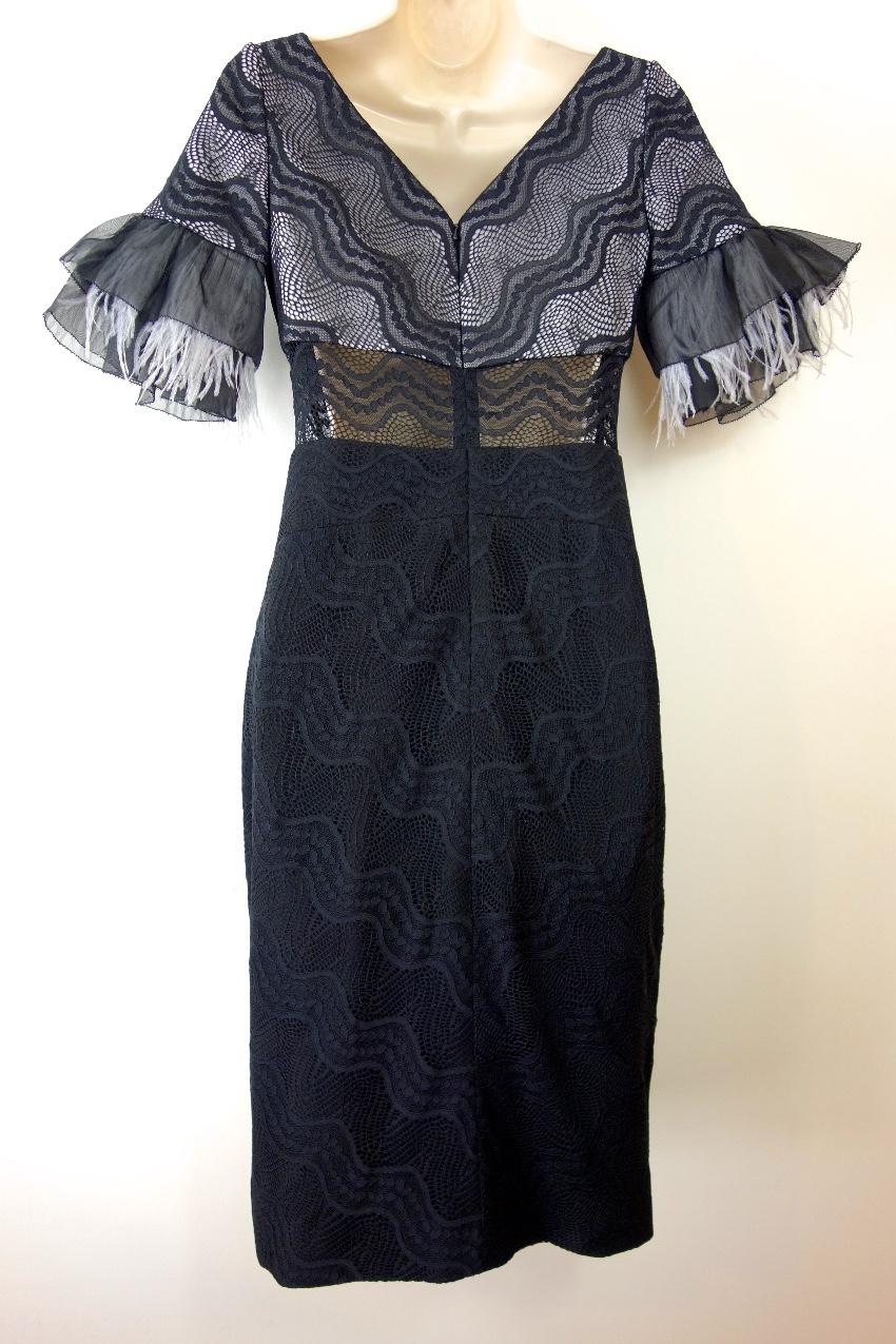 Three Floor Feather Trimmed Stretch Fitted Dress