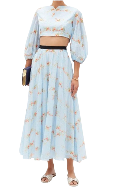 Emilia Wickstead Blue Floral Print Alula Midi Skirt