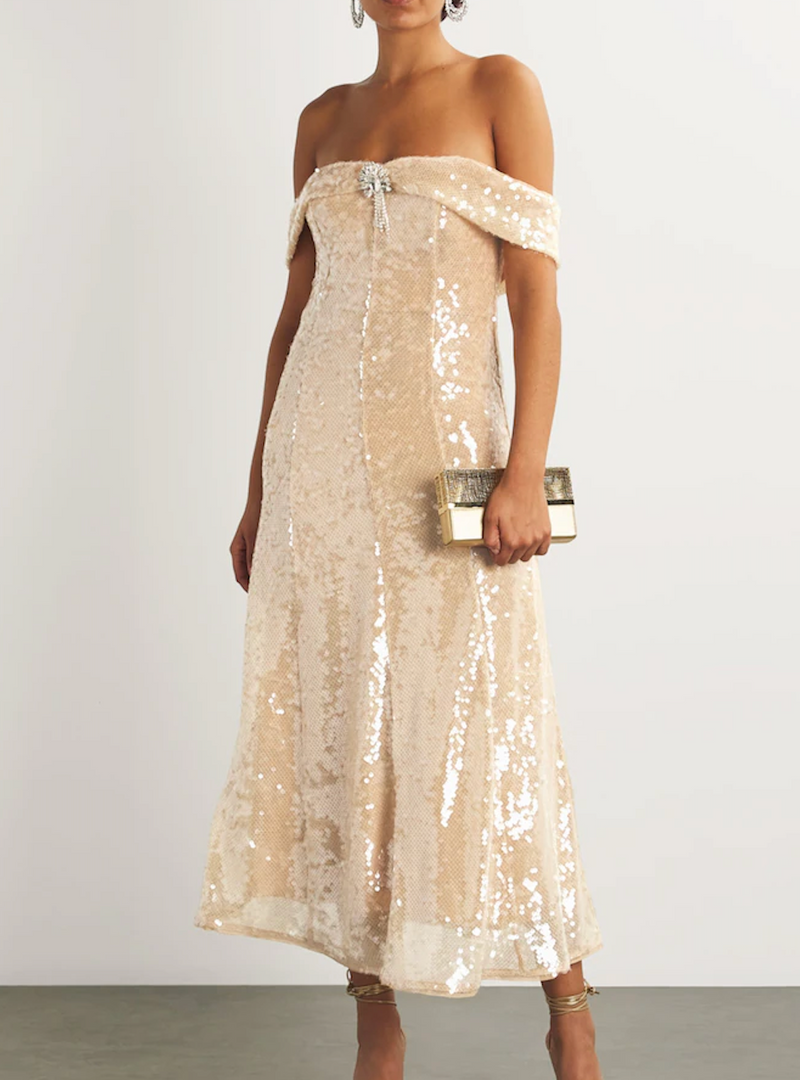 Self-Portrait Embellished Off-The-Shoulder Midi Dress