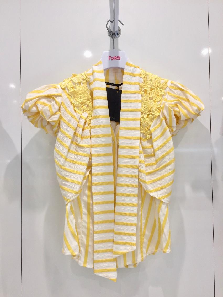 Gaetano Navarra Yellow and White Stripe Pussy Bow Blouse