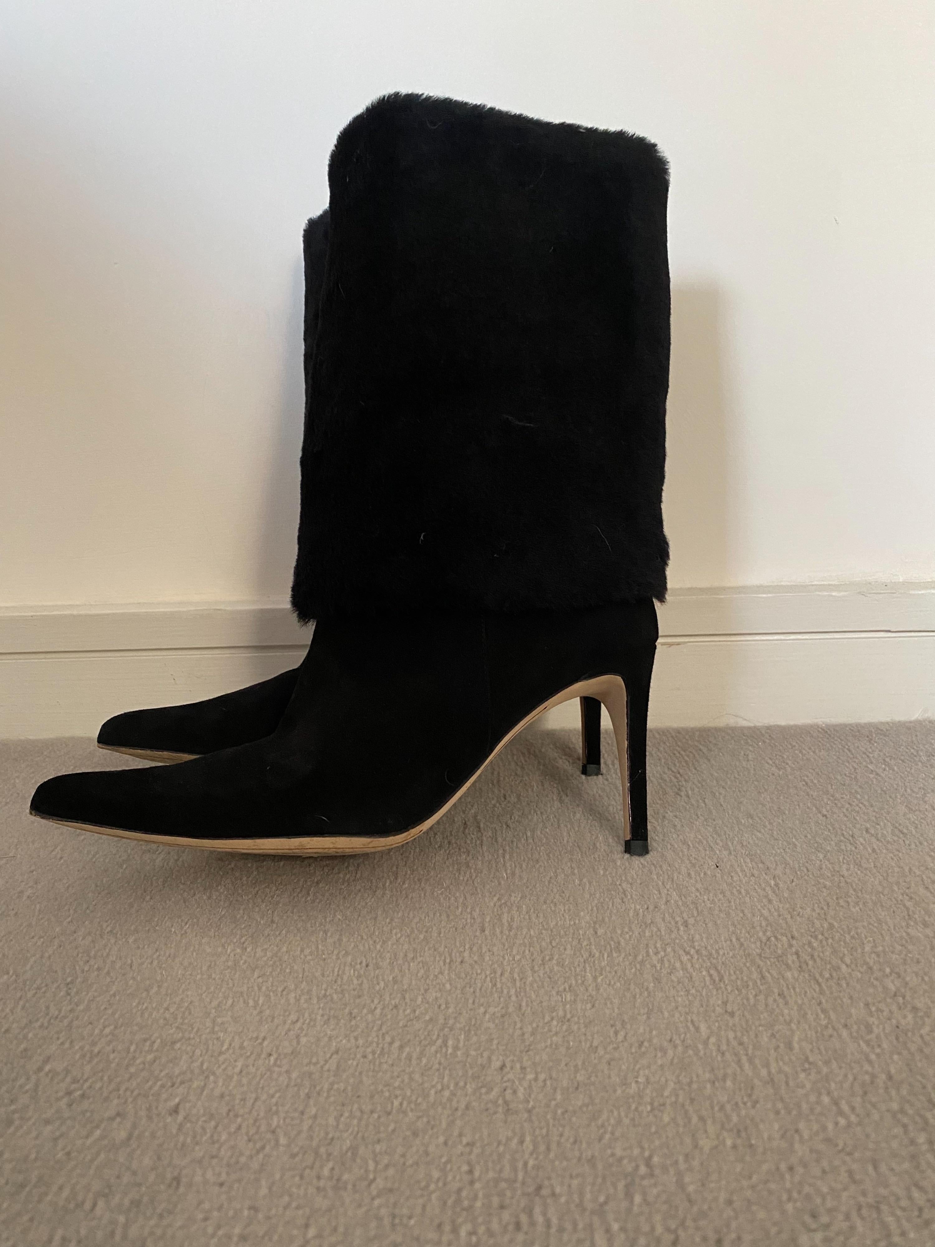 Black Shearling Cuff Heeled Long Boots