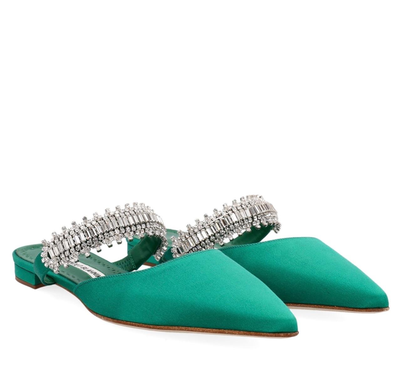 Emerald Green Satin Lutara Crystal Flats