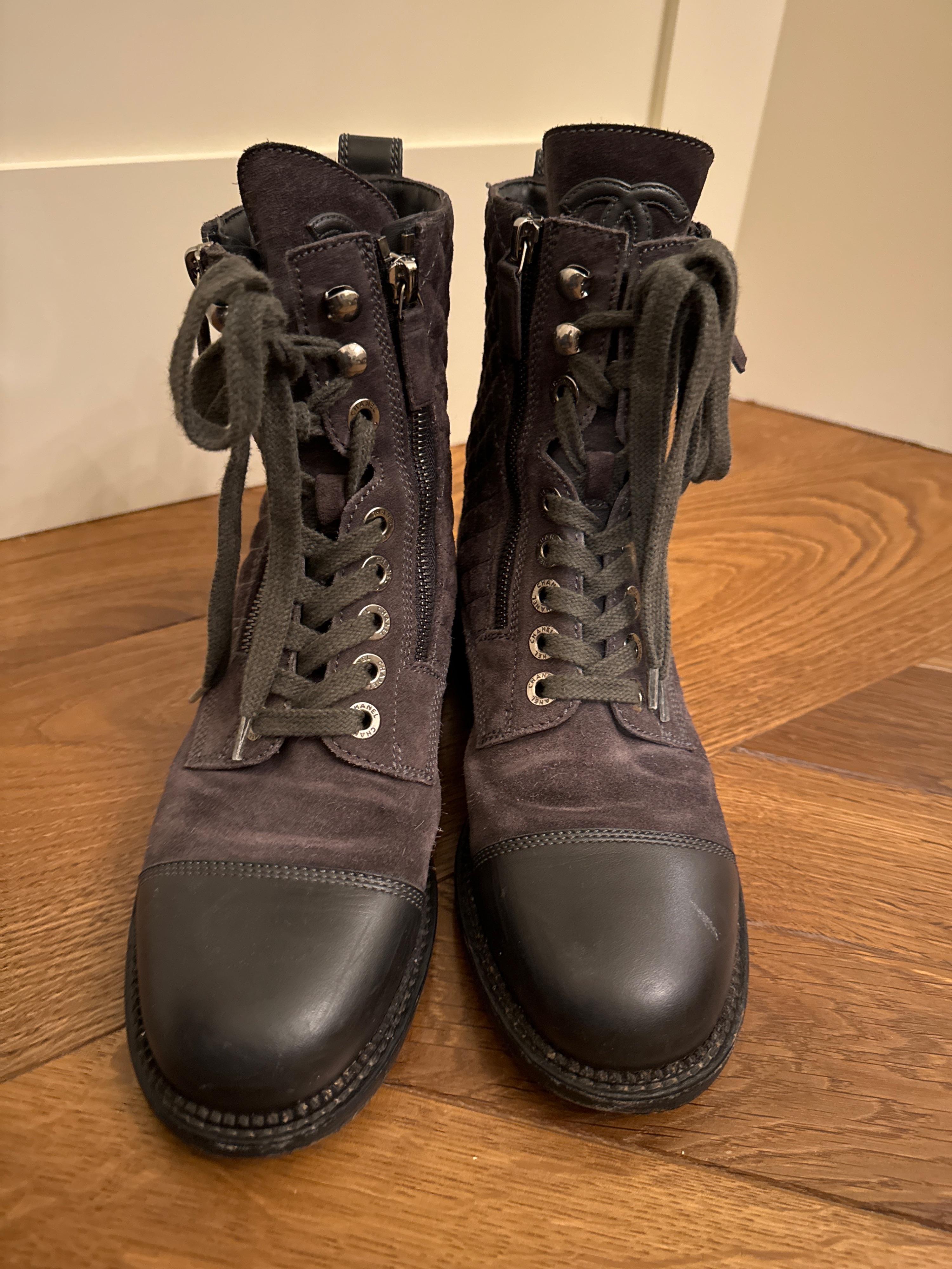Chanel Grey Suede and Leather Combat Boots