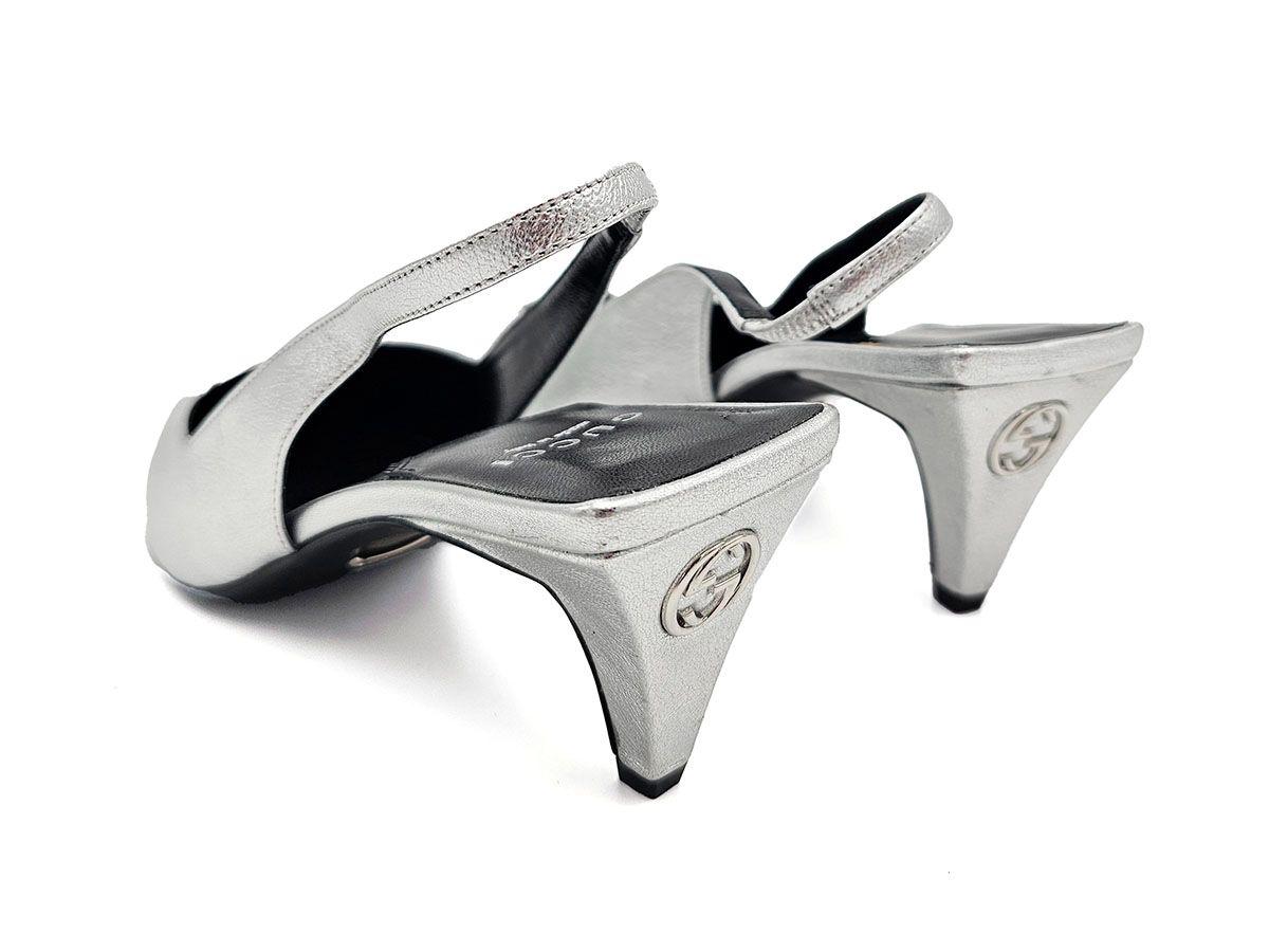 Guci Silver Leather Slingback Sandals