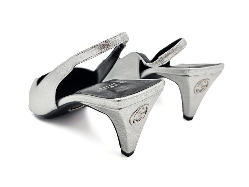 Guci Silver Leather Slingback Sandals