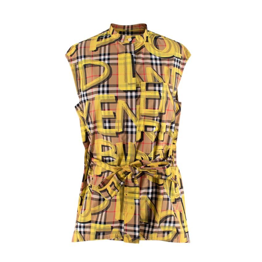 Burberry Yellow Sleeveless Graffiti Print Check Cotton Shirt