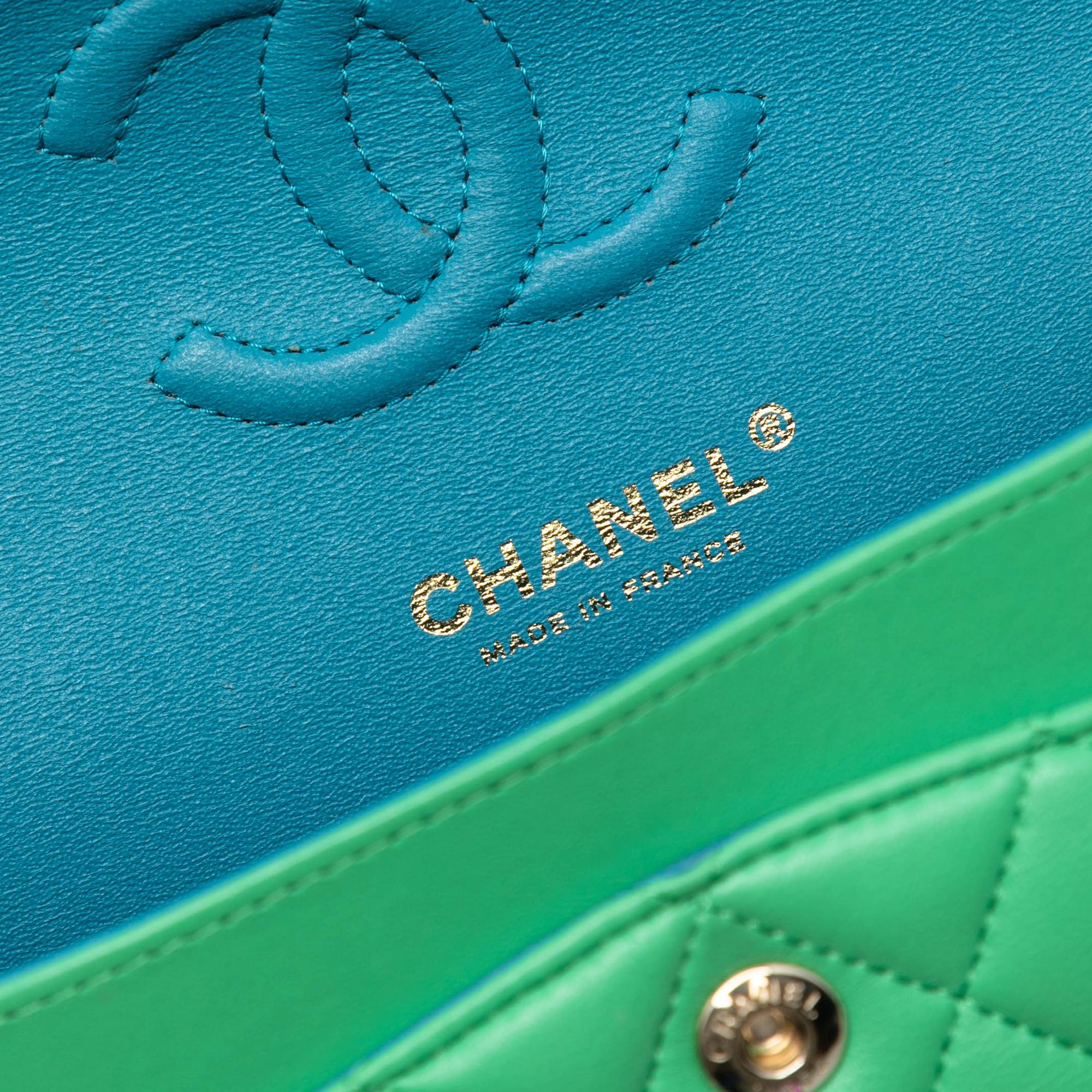 Chanel Green Small Classic Lambskin Rainbow Hardware Double Flap