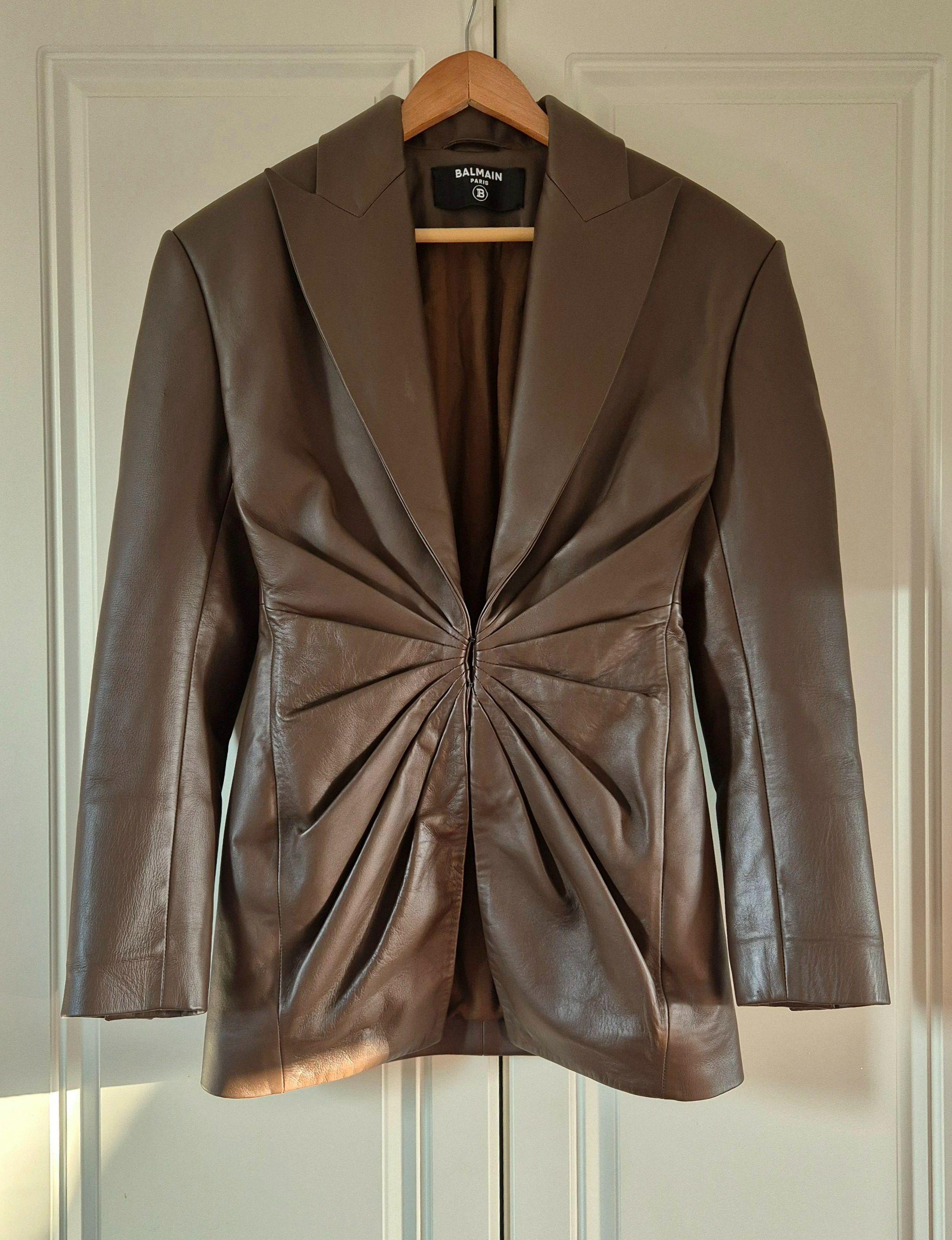 Balmain Brown Ruched Leather Blazer