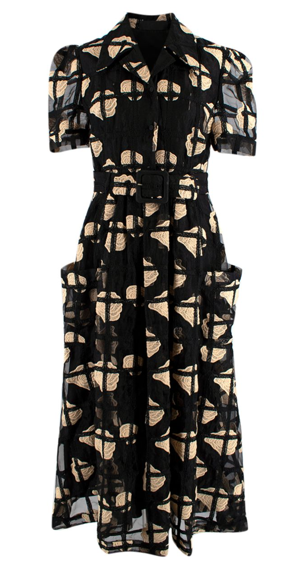 Black & Beige Mesh Macrame Belted Midi Dress