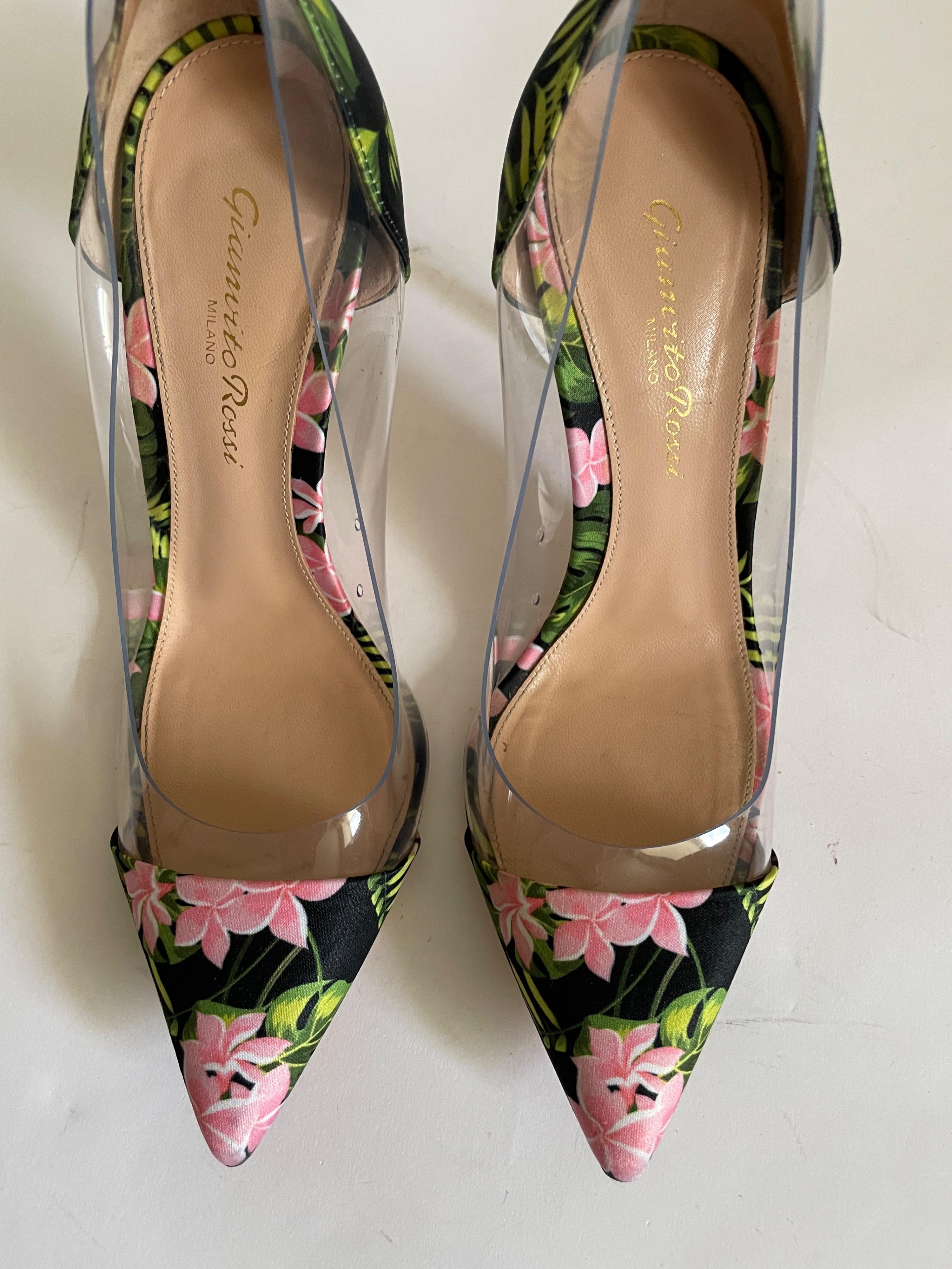 floral satin & PVC Plexi heeled pumps