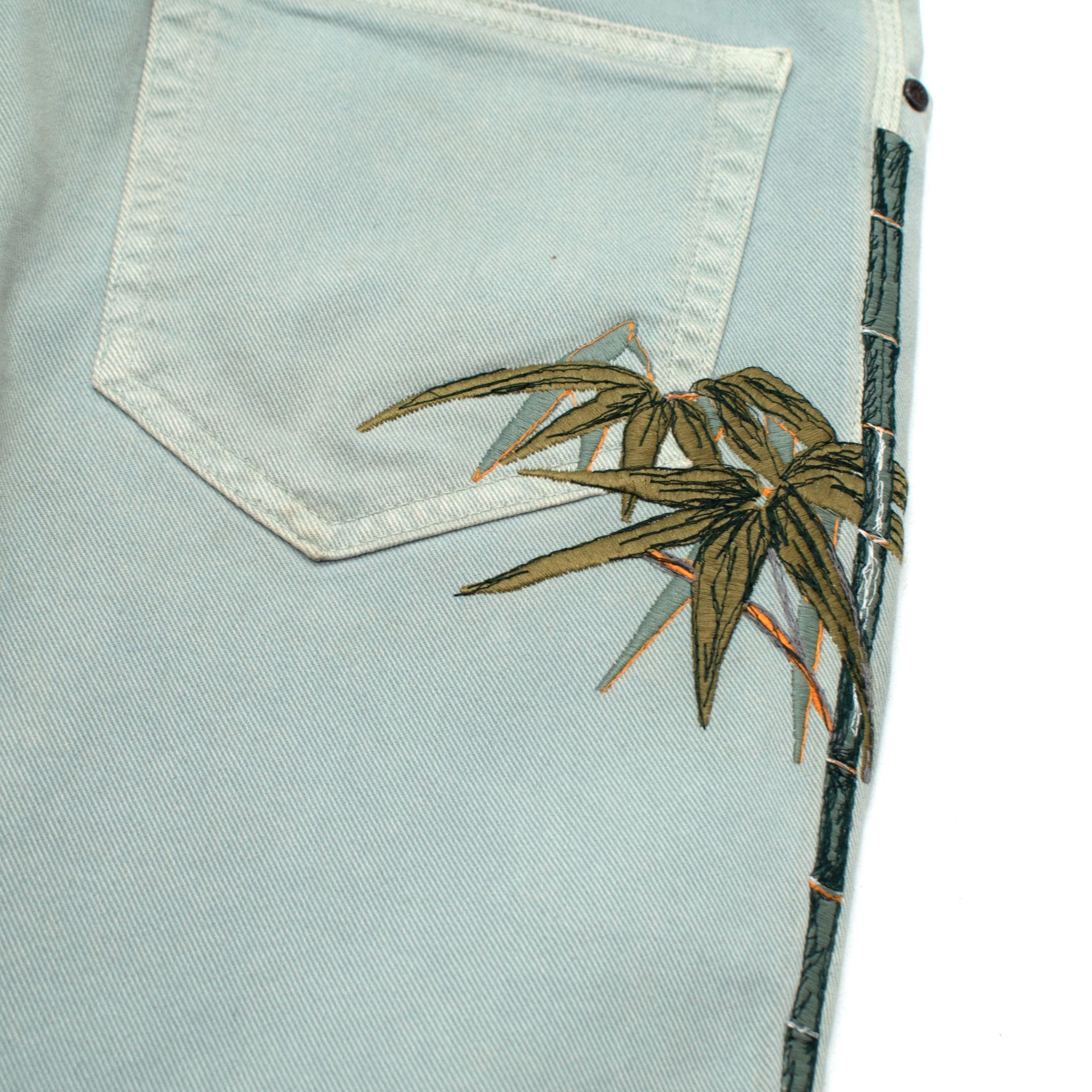 Etro Washed Blue Palm Tree Embroidered Jeans
