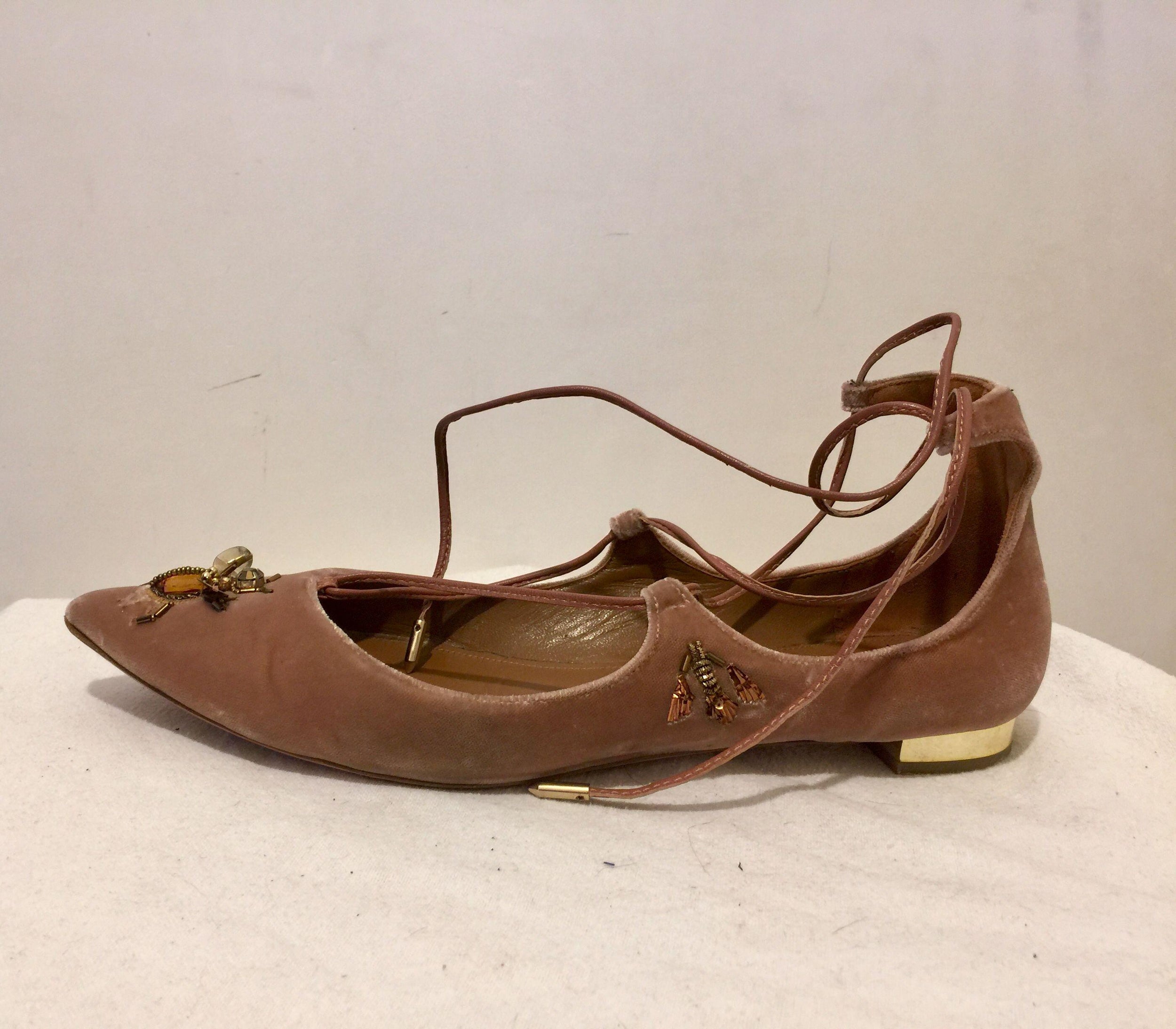 Pink Velvet Embellished Cristy Fauna Flat Pumps