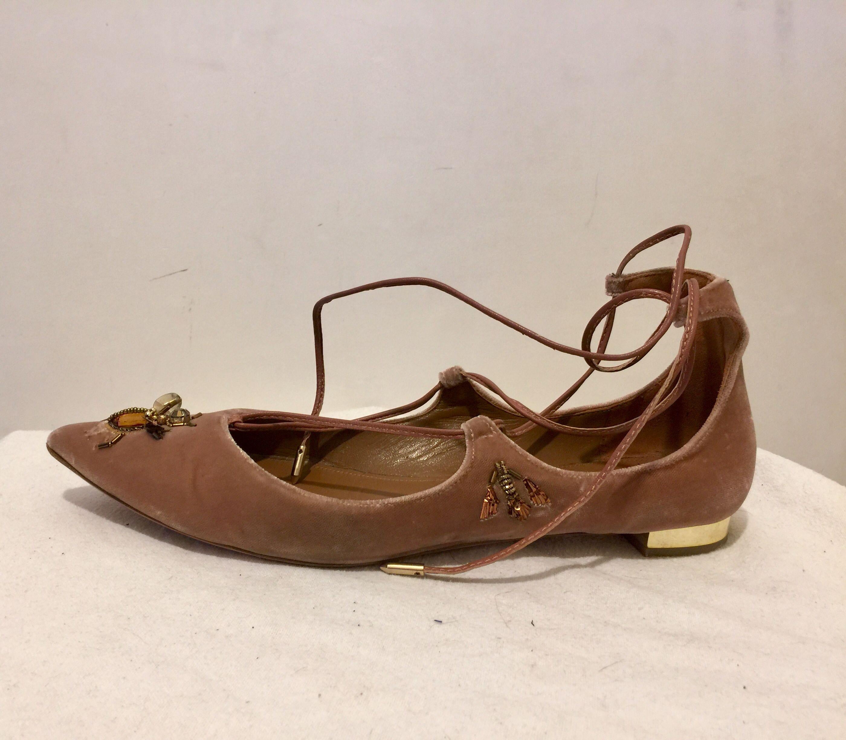 Pink Velvet Embellished Cristy Fauna Flat Pumps