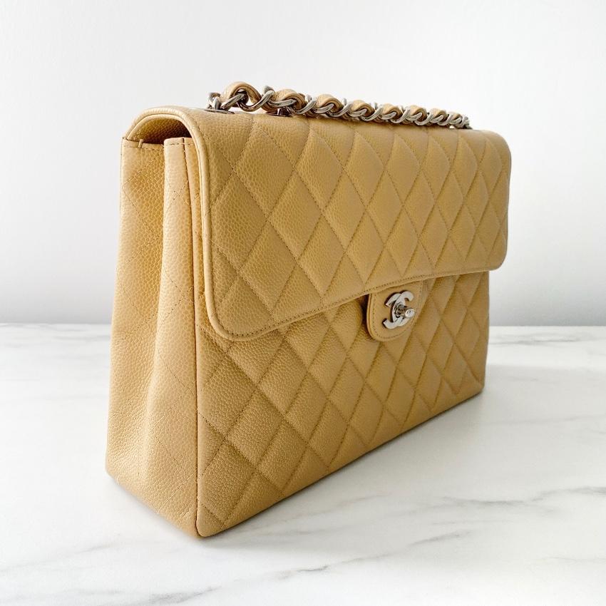 Chanel Beige Caviar Leather Quilted Jumbo Flap Bag