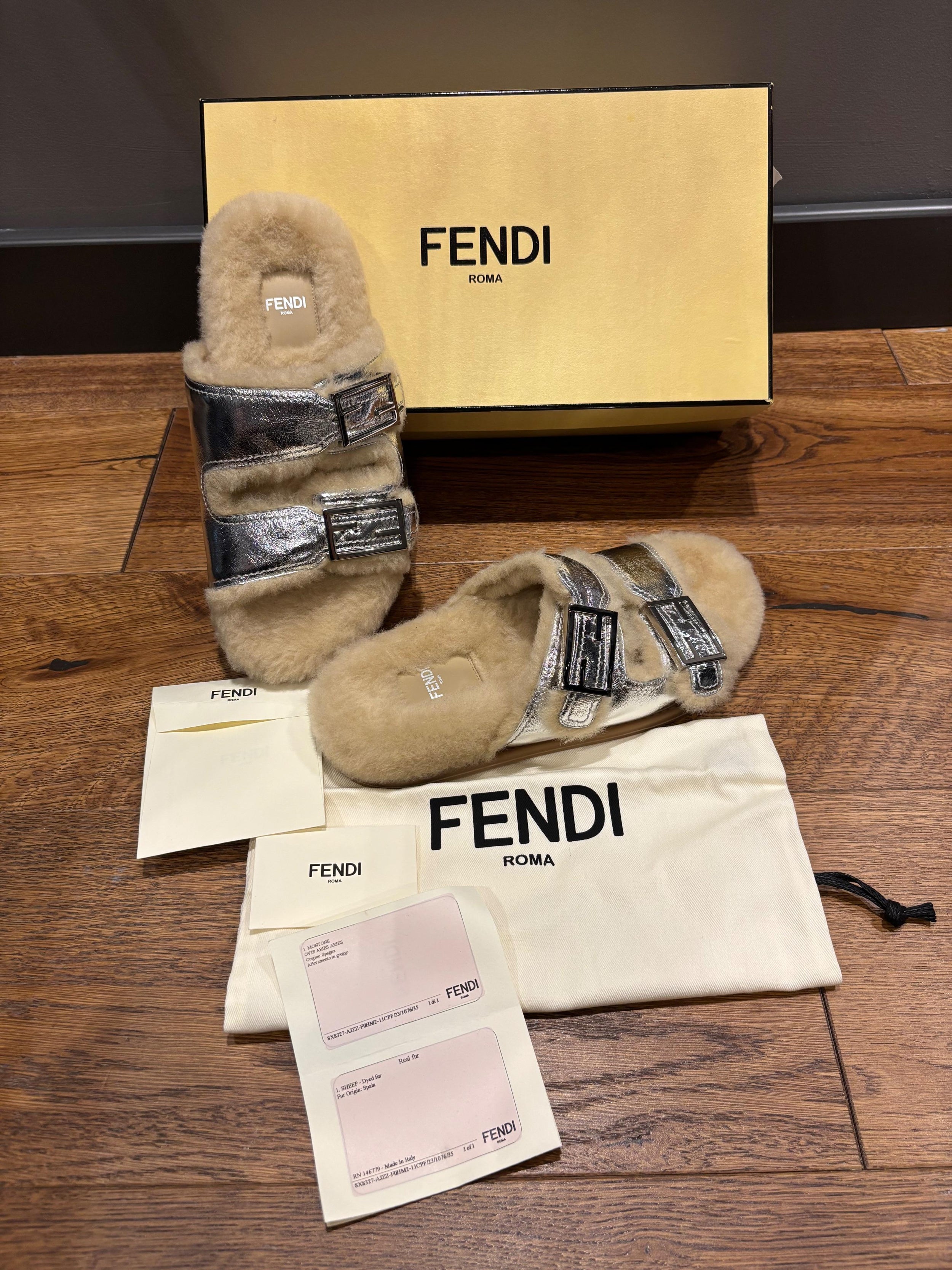 Fendi Shealing Lined Silver Slides