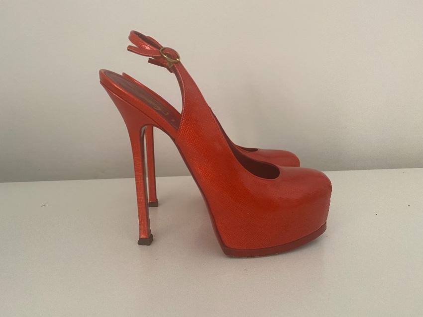 Saint Laurent Coral Leather Tribtoo Slingbacks